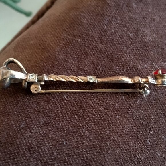 Pin/brooch; crown scepter, sterling/gold plated with cultured pearl and stones